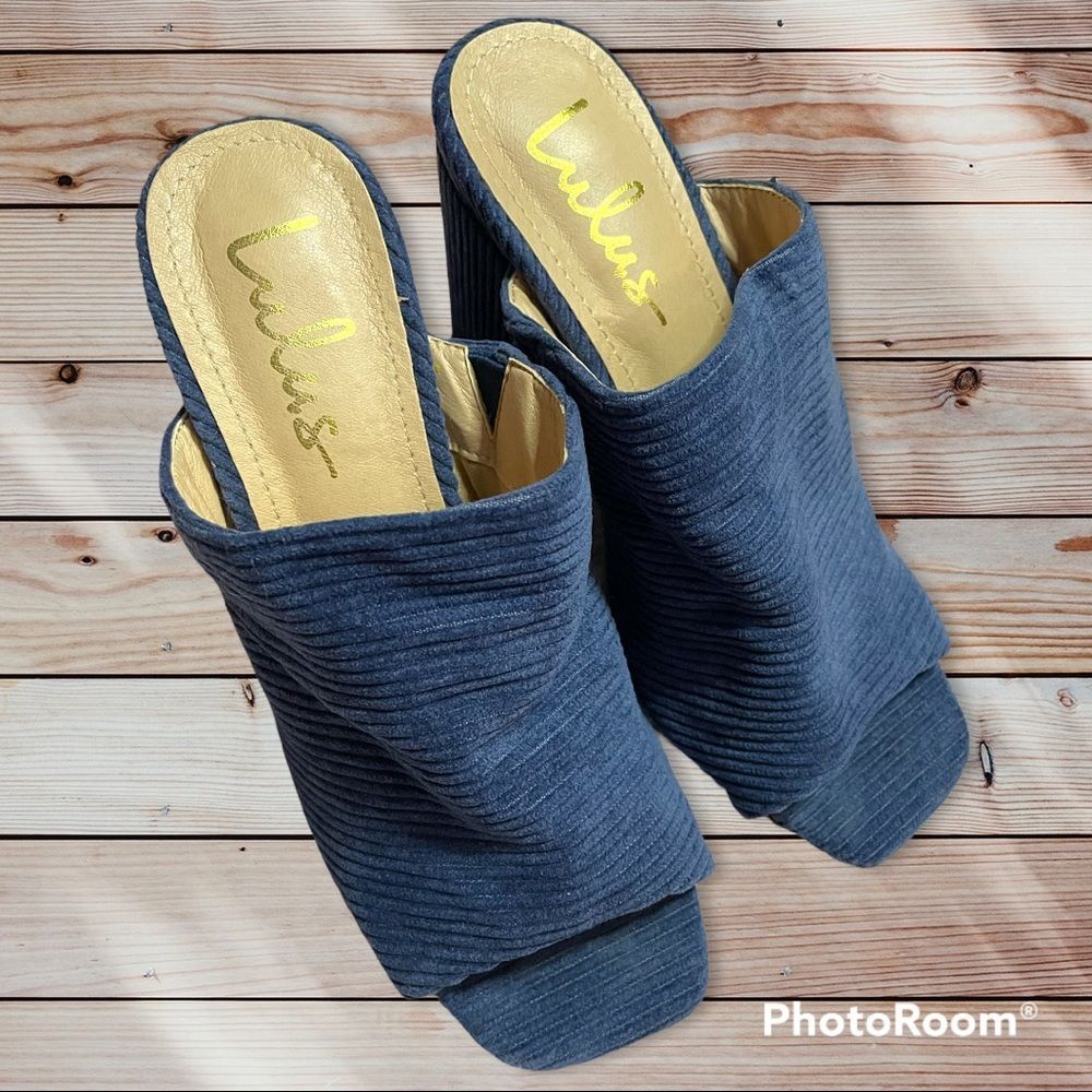Lulus Raelynn Blue Corduroy Mule, Peep-Toe, Block, Cushioned Heels | Size 8